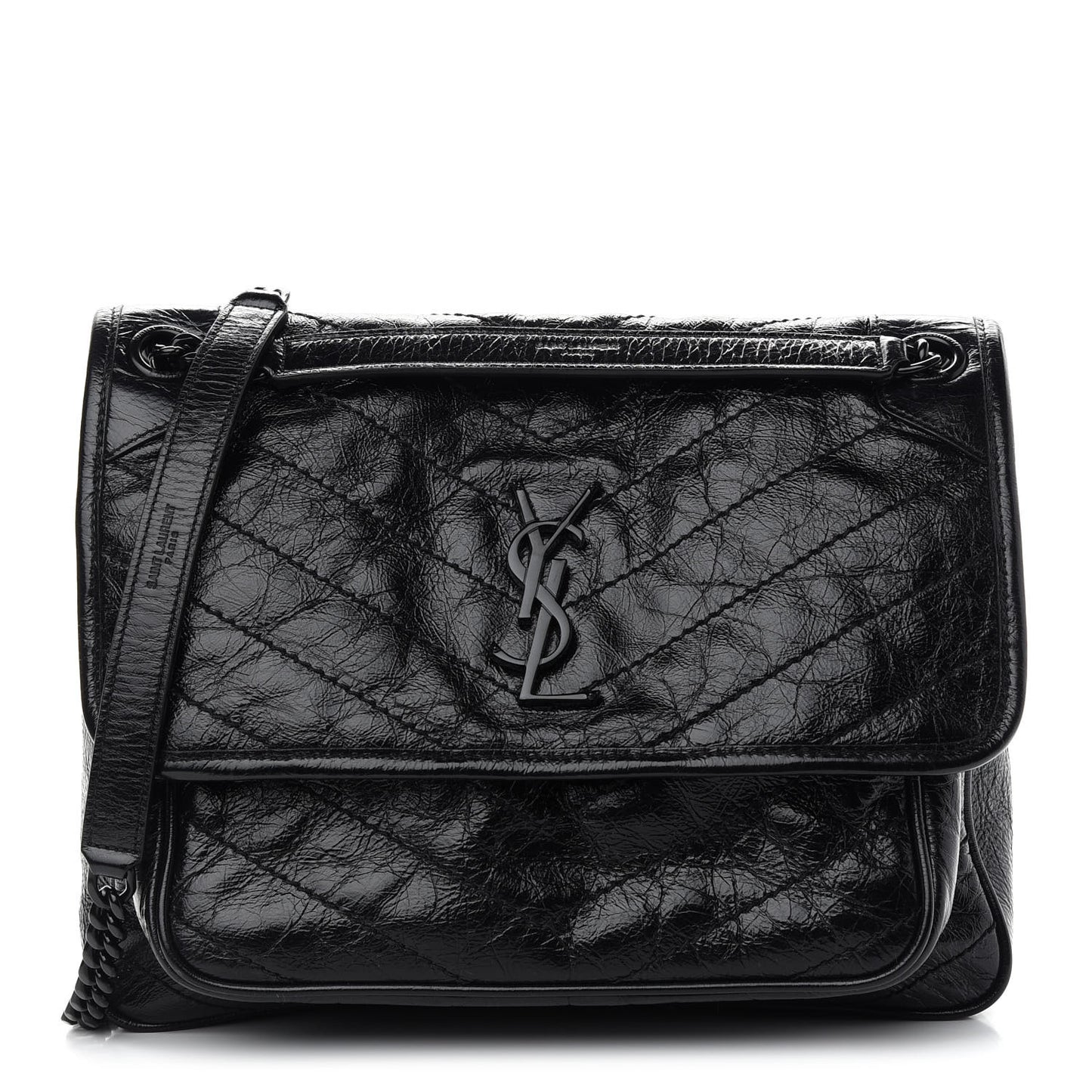 Crinkled Calfskin Matelasse Monogram Medium Niki Chain Satchel Black