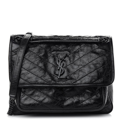 Saint Laurent Crinkled Calfskin Matelasse Monogram Medium Niki Chain Satchel Black 1 of 9