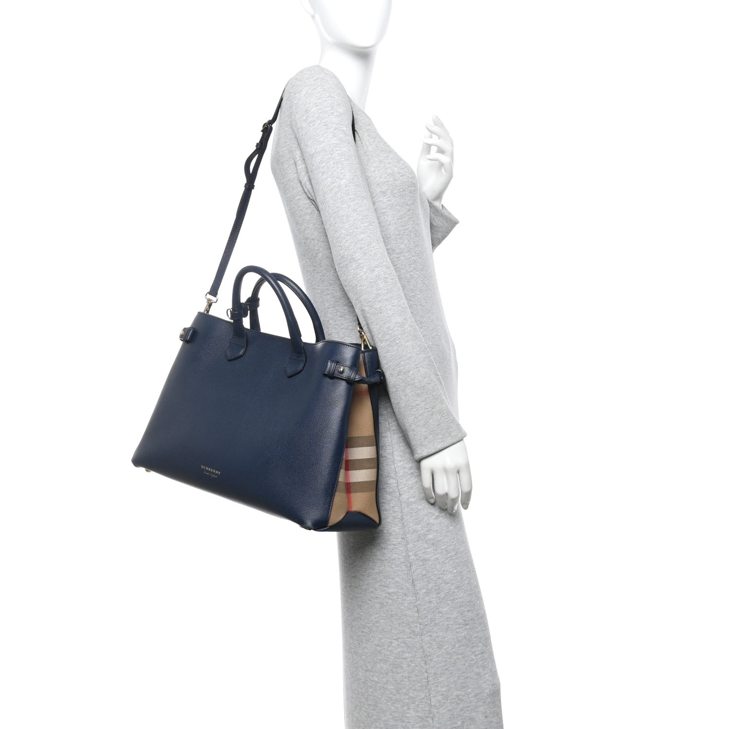 Grainy Calfskin House Check Large Banner Tote Ink Blue