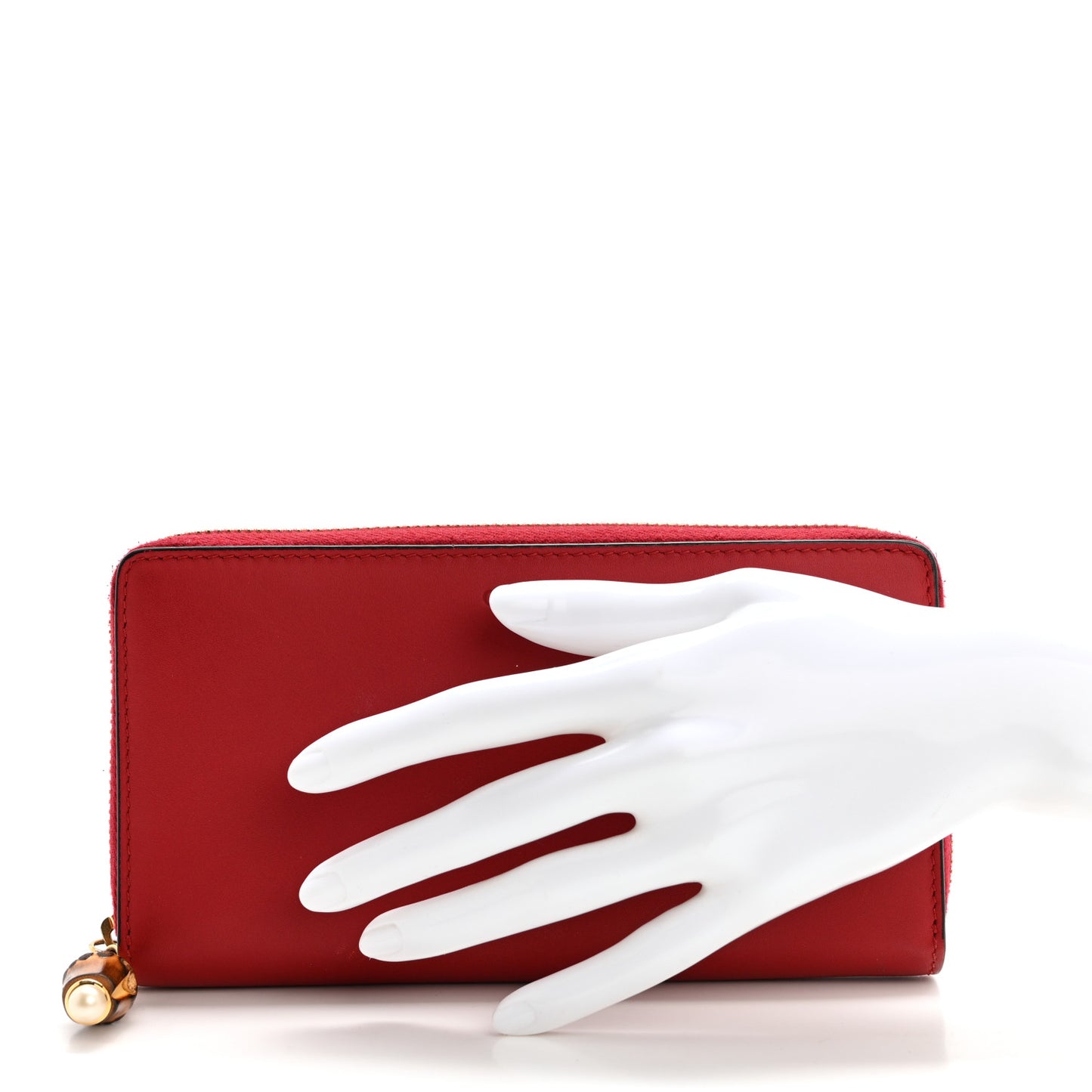 Calfskin Bamboo Round Zip Long Wallet Red