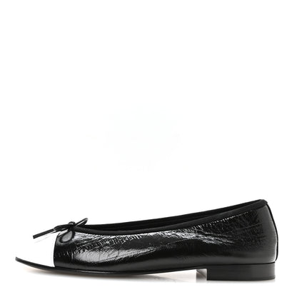 Chanel Crumpled Shiny Lambskin Cap Toe CC Ballerina Flats 38 Black White 1 of 9