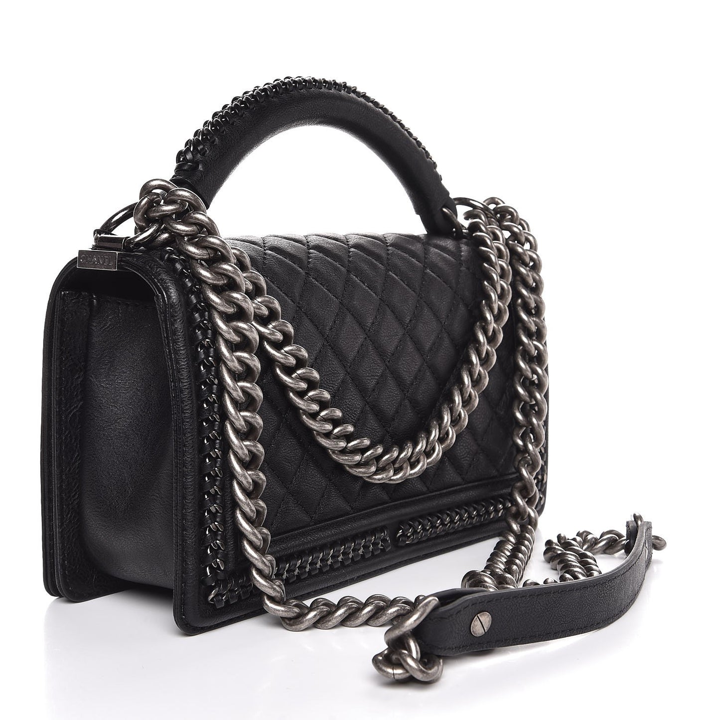 Calfskin Quilted Medium Boy Top Handle Flap Black