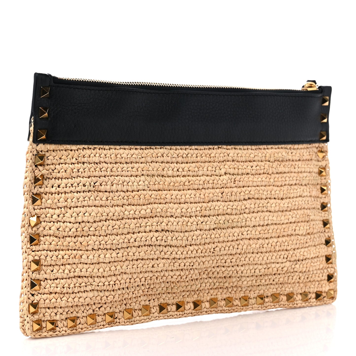 Raffia Calfskin Small Rockstud Zip Pouch Naturale Black