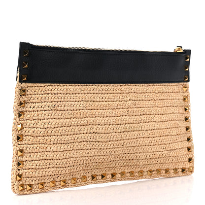 Valentino Garavani Raffia Calfskin Small Rockstud Zip Pouch Naturale Black 3 of 9