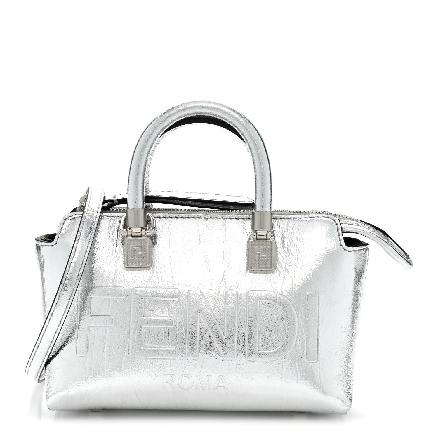 Fendi Rock Millenium Logo Embossed Mini By The Way Top Handle Boston Bag Argento 1 of 10