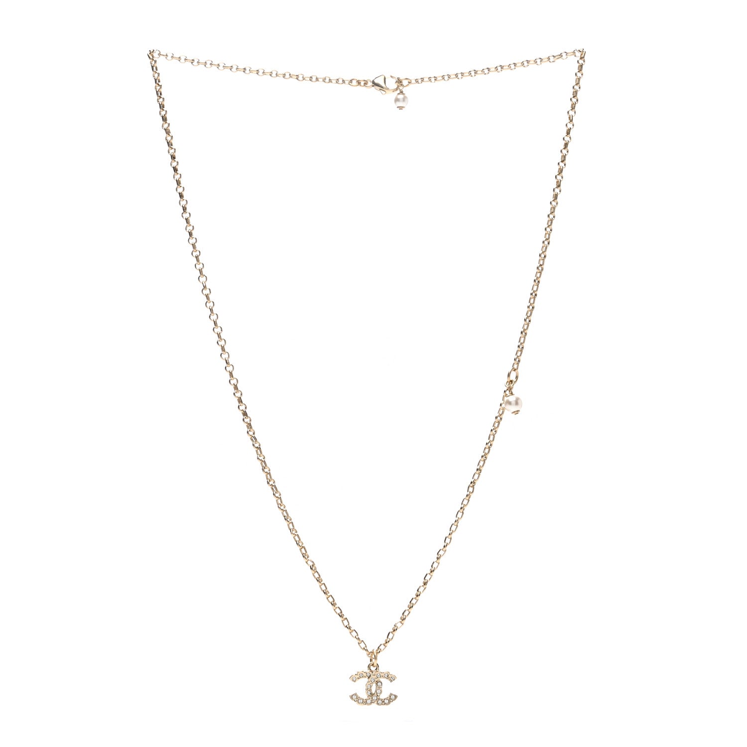 Chanel Metal Pearl Crystal CC Textured Pendant Necklace Gold 3 of 4