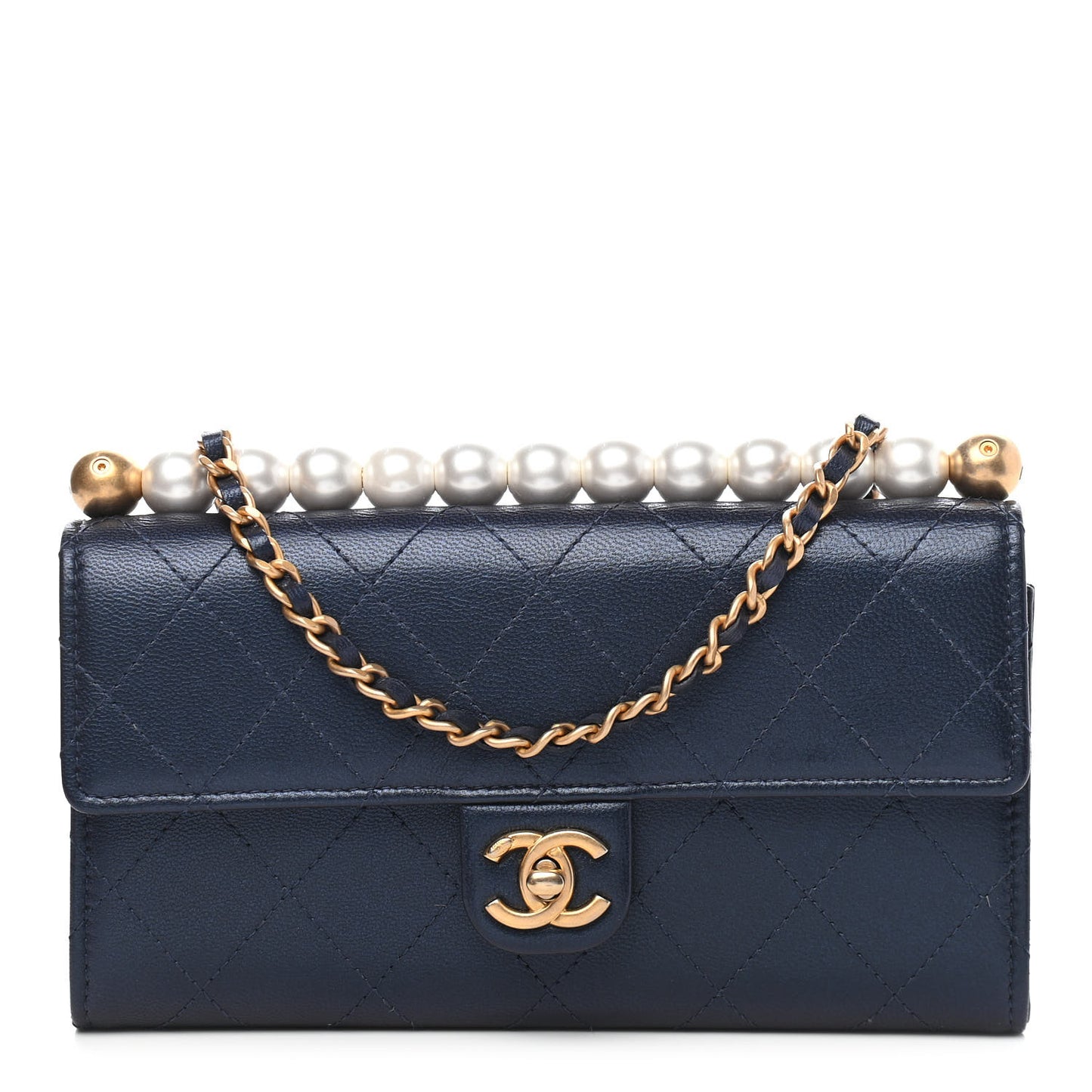 Iridescent Lambskin Quilted Chic Pearls Clutch With Chain Blue