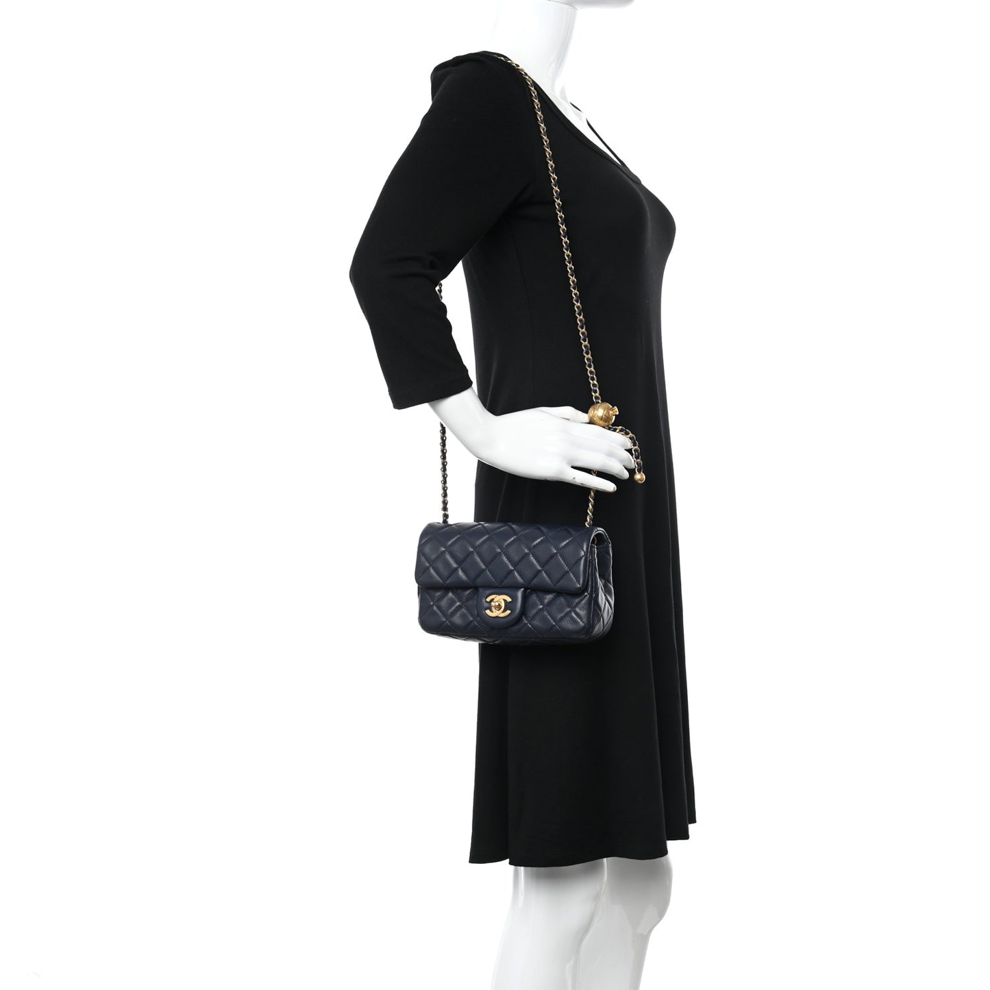 Lambskin Quilted Mini Pearl Crush Rectangular Flap Navy Blue