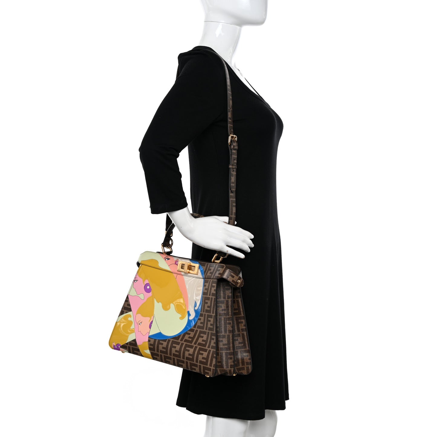 Glazed Fabric Vitello FF 1974 Hairdo Girls Inlay Medium Peekaboo Iconic Satchel Mogano Panna Multicolor