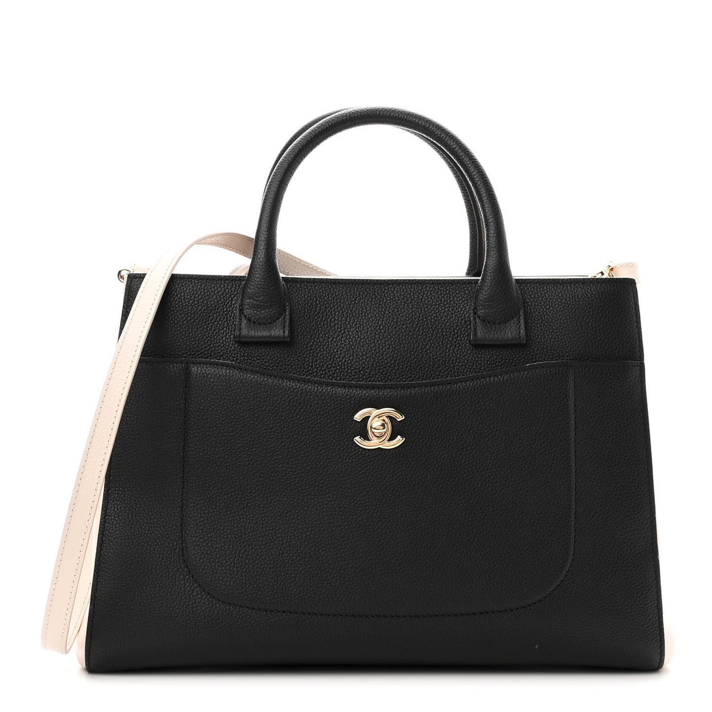 Grained Calfskin Small Bi-Color Neo Executive Shopper Tote Black Beige