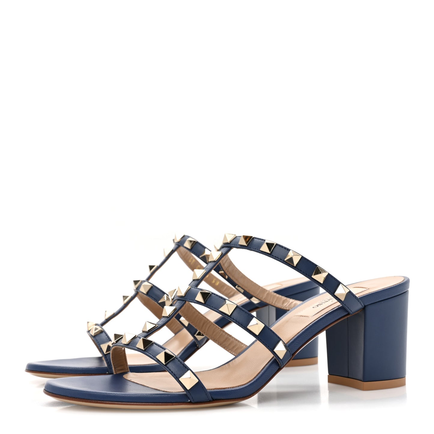 Calfskin Rockstud 60mm Caged Slide Sandals 38 Blu Delft