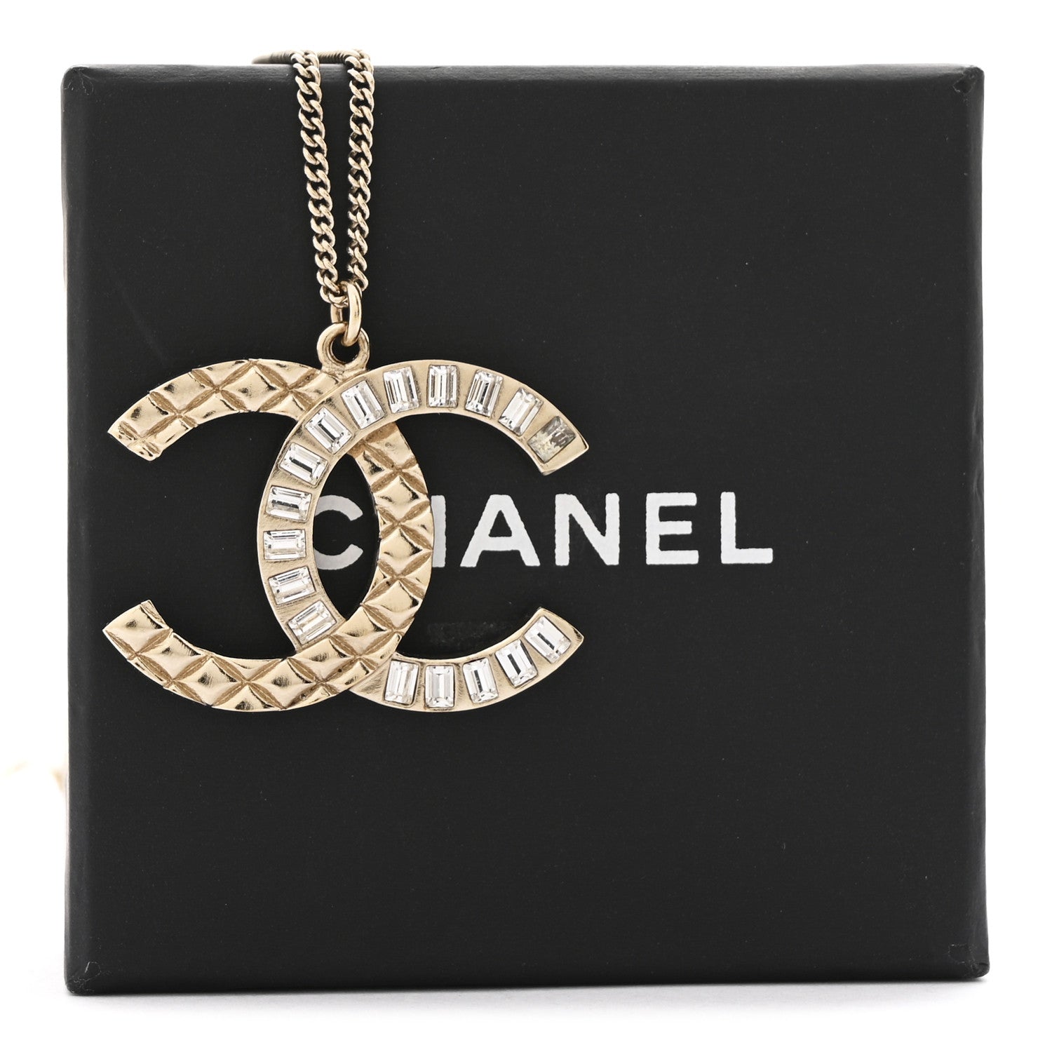 Chanel Baguette Crystal Quilted CC Pendant Necklace Gold 7 of 7