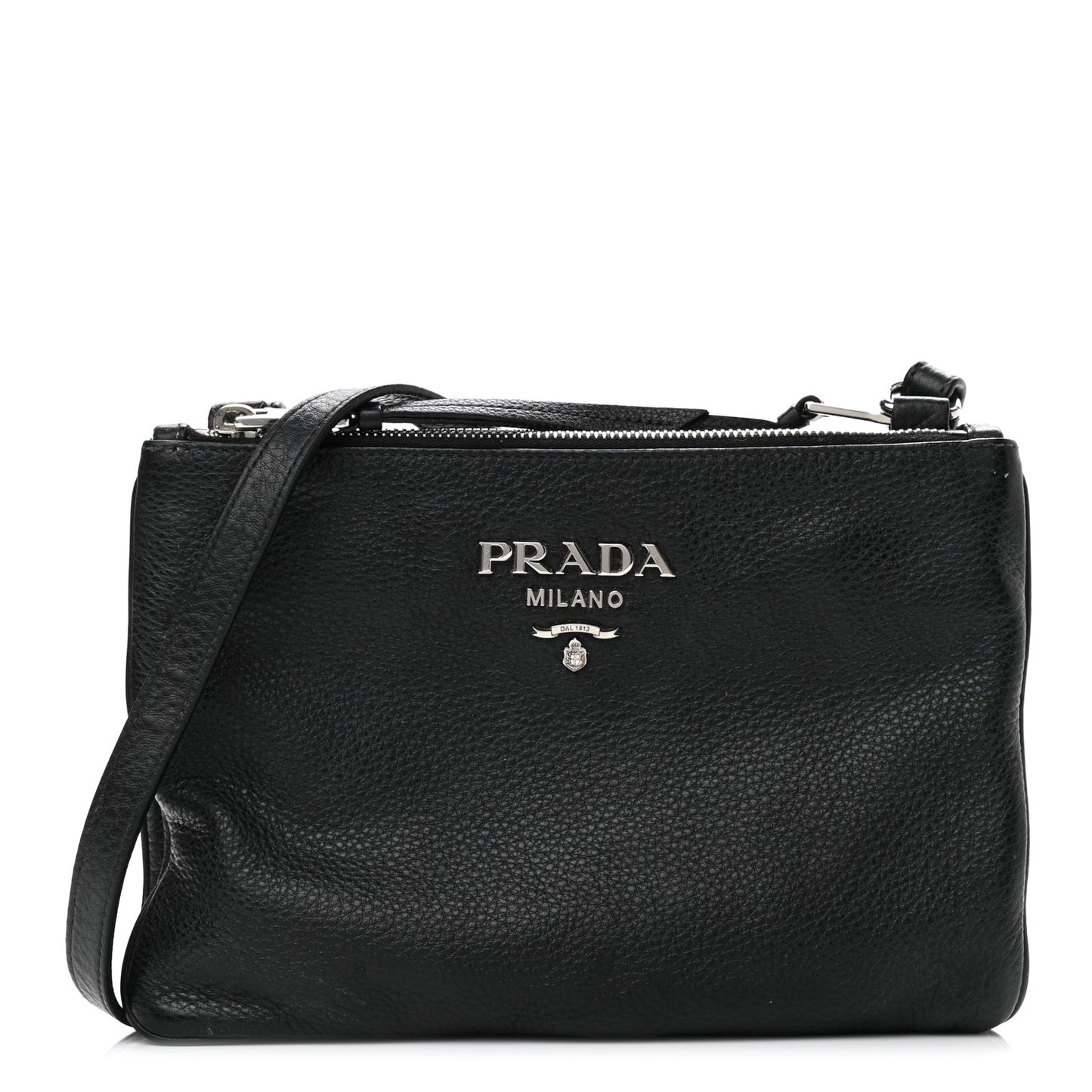 Vitello Daino Double Zip Crossbody Bag Black