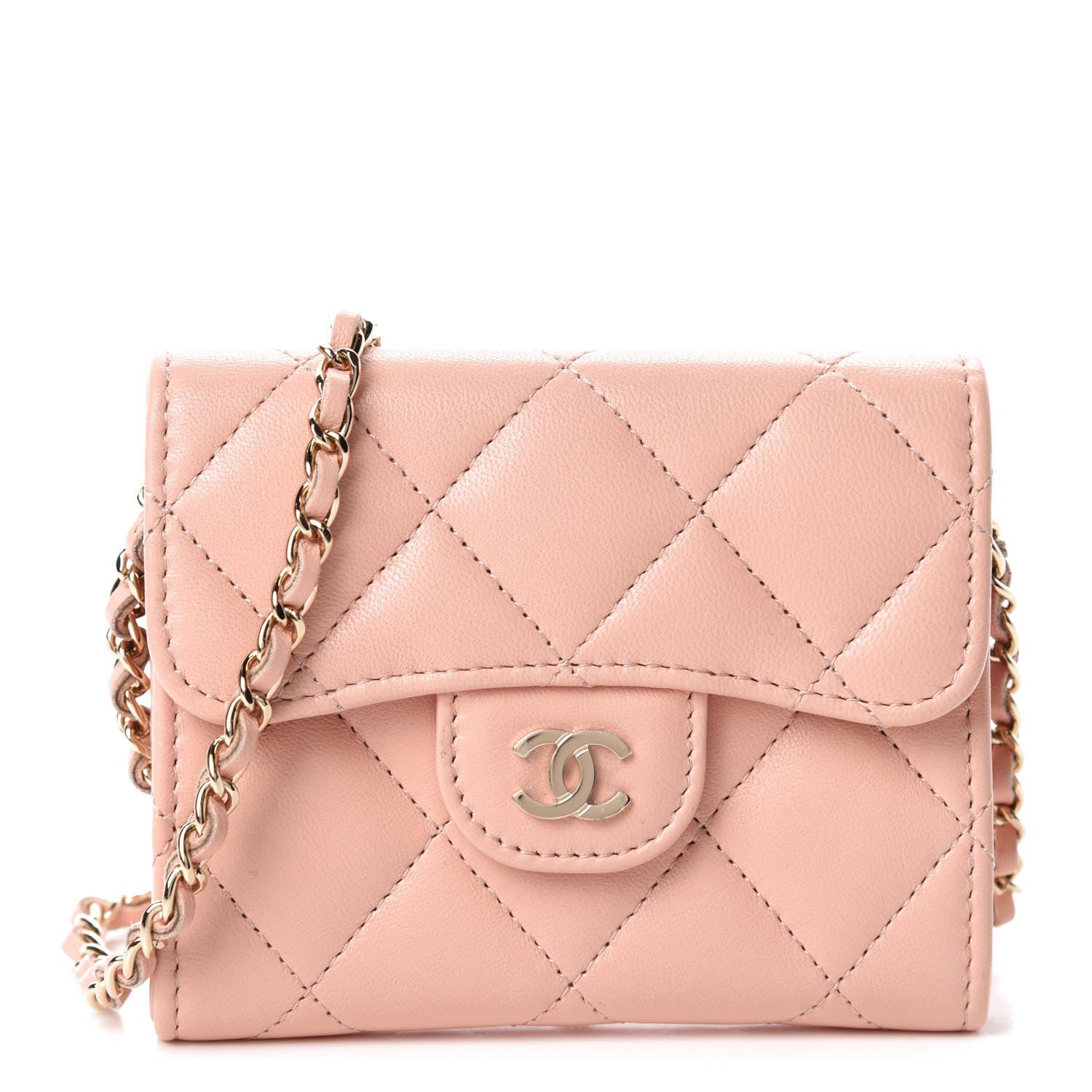 Chanel Lambskin Quilted Flap Card Holder On Chain Light Pink 1 of 12