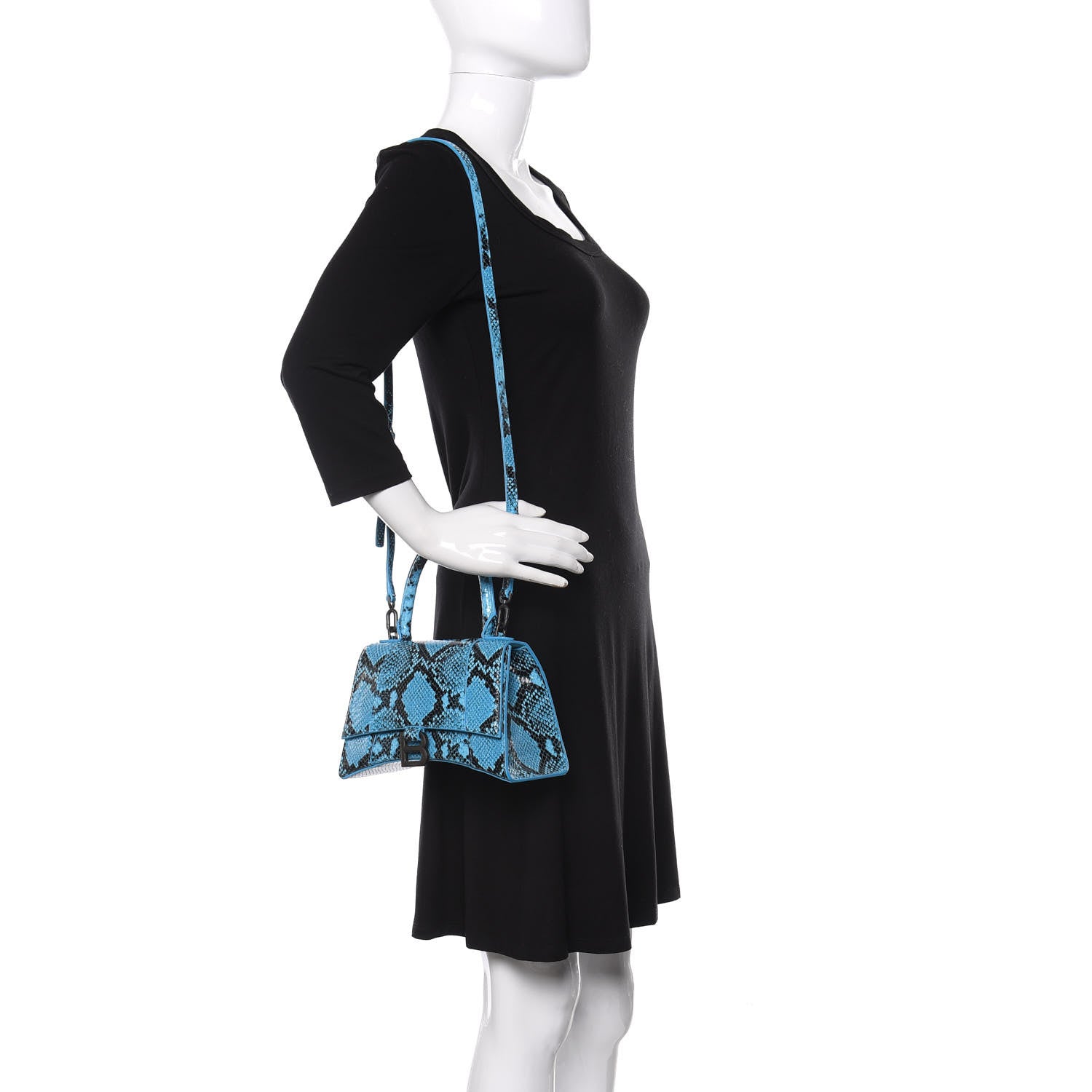 Balenciaga Shiny Calfskin Python Effect Small Hourglass Top Handle Bag Azur Black 2 of 10