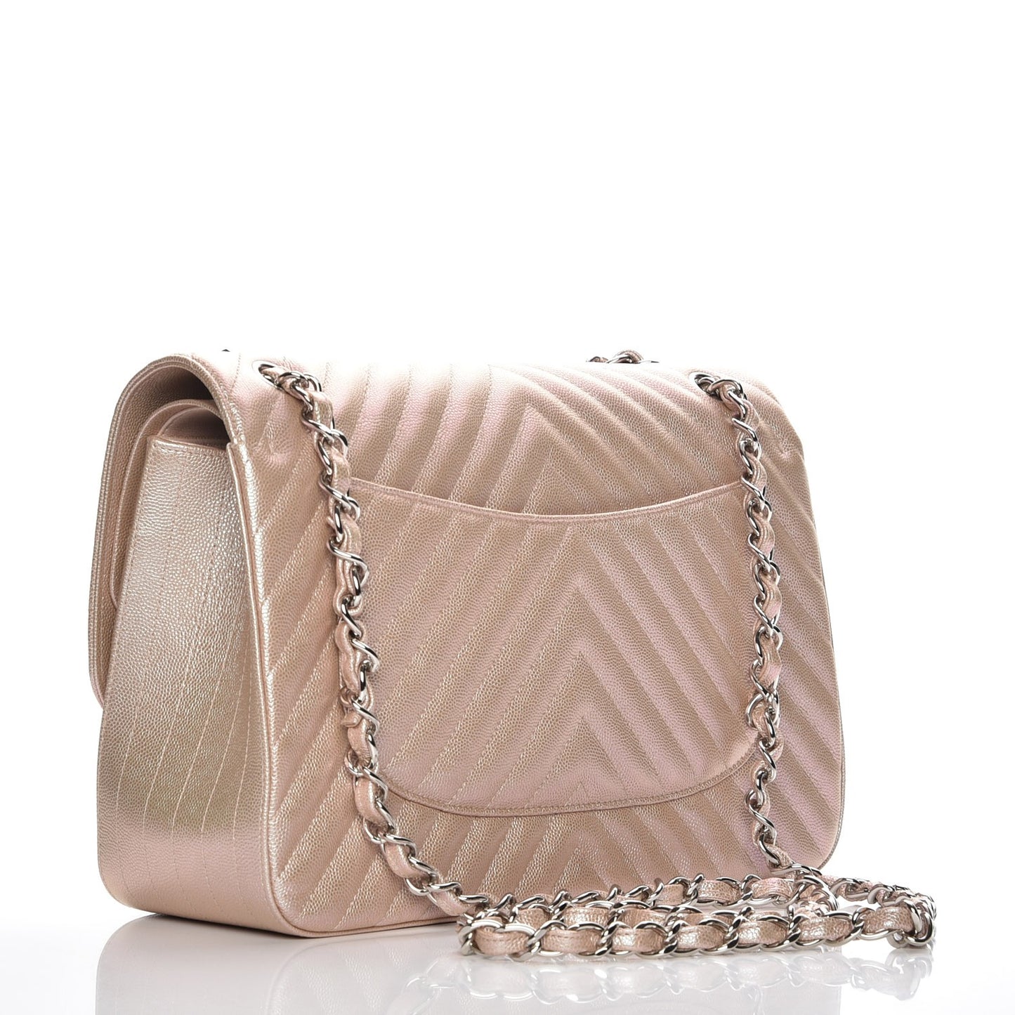 Metallic Caviar Chevron Quilted Jumbo Double Flap Light Gold