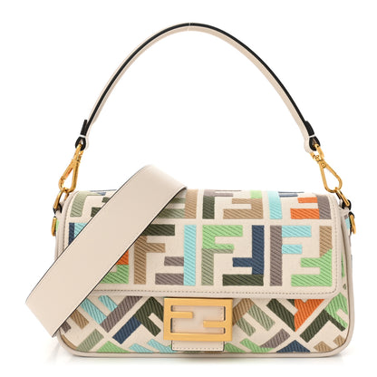 Fendi Canvas Vitello Seta FF Multicolor Embroidered Baguette Grezzo Multicolor Latte 1 of 10