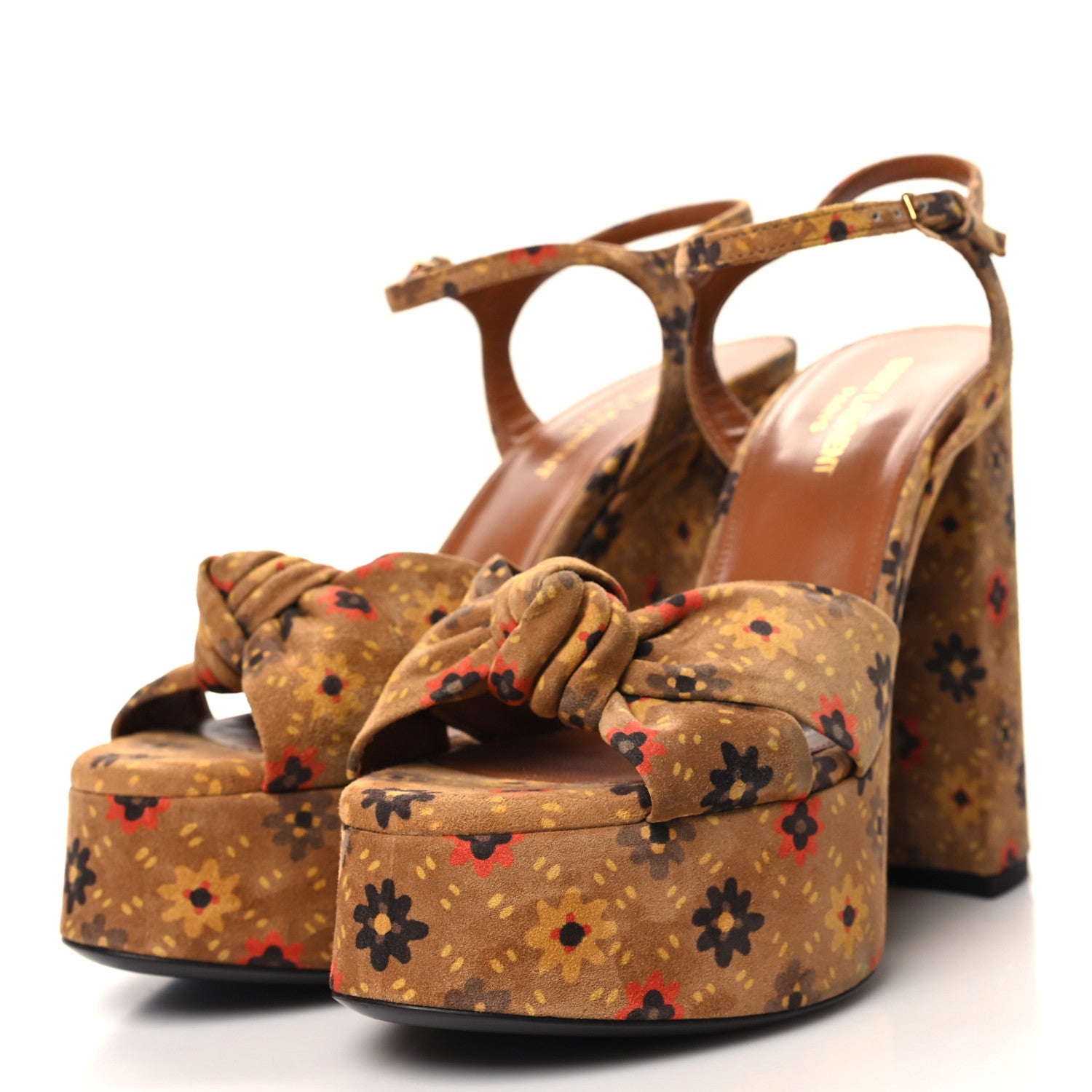 Saint Laurent Suede Bianca Flower 85 Platform Sandals 38.5 Tan 3 of 9