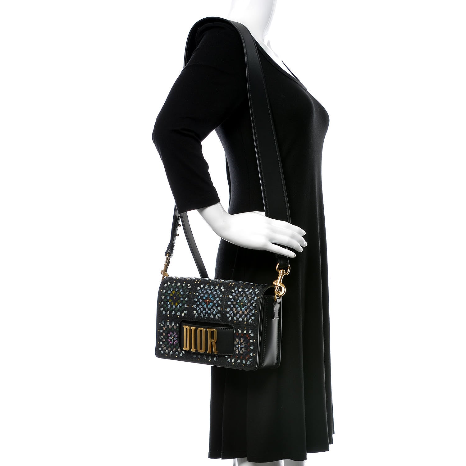 Christian Dior Calfskin Studded Floral Dio(r)evolution Flap Bag Black 2 of 7