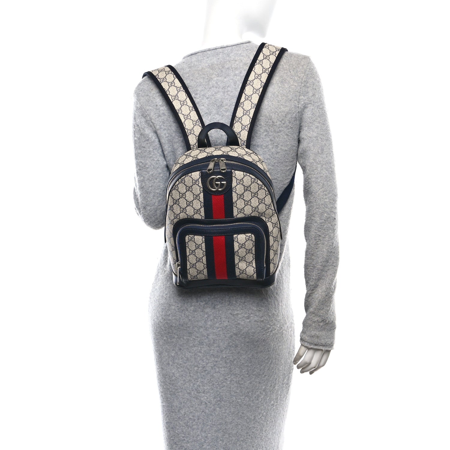 Gucci GG Supreme Monogram Textured Dollar Calfskin Web Small Ophidia Day Backpack Beige Blue Black 2 of 11
