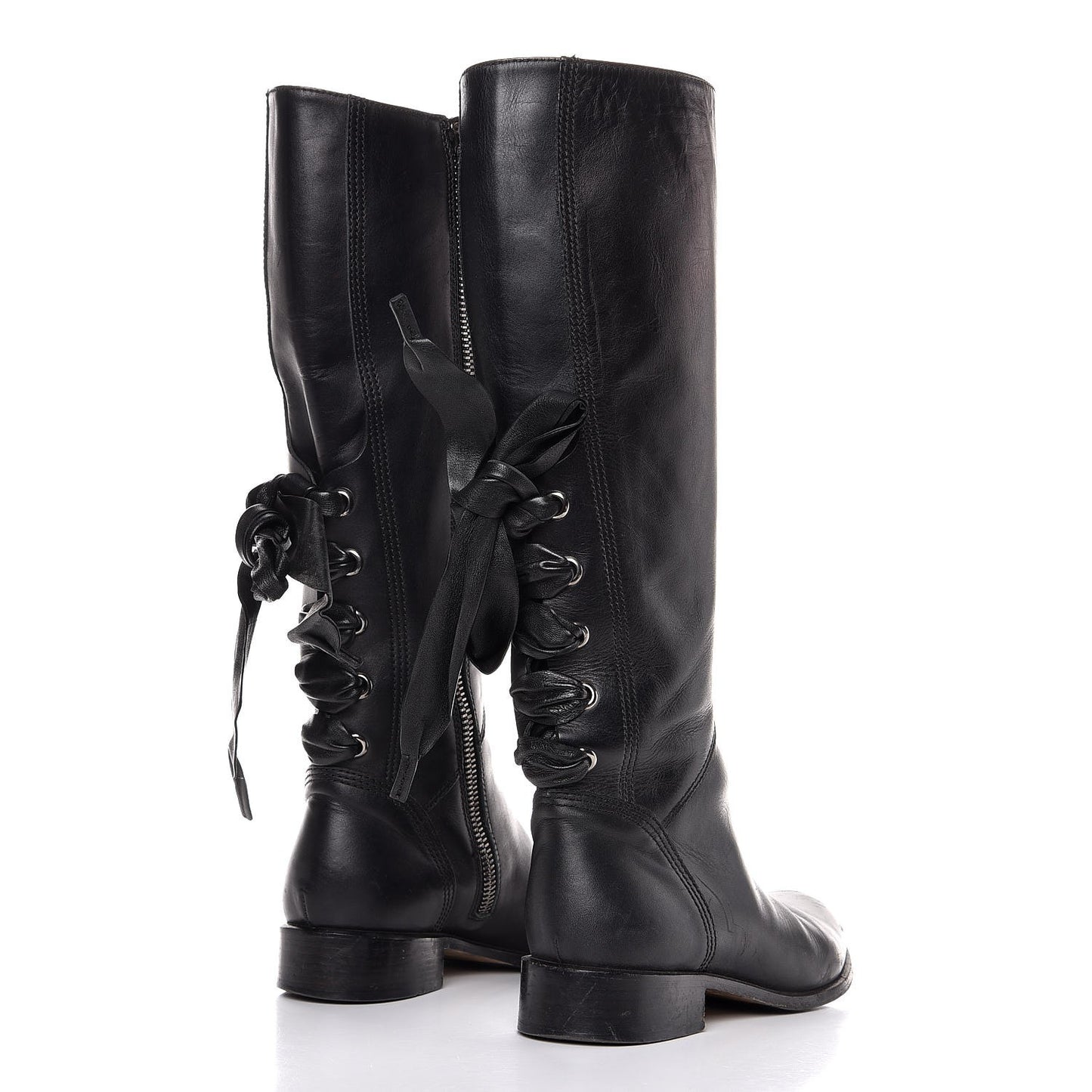 Nappa Ascot Ribbon Lace Up Riding Boots 37 Black