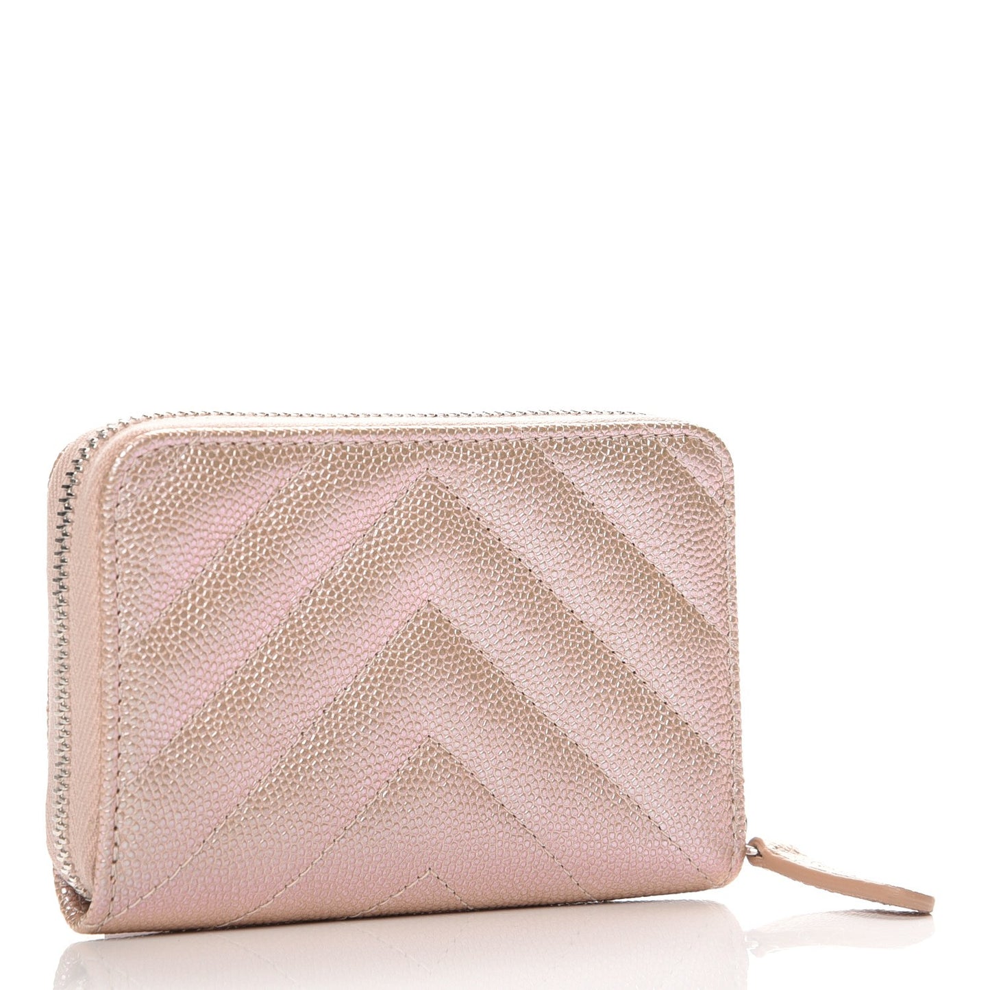Metallic Caviar Chevron Quilted Zip Around Coin Purse Light Gold