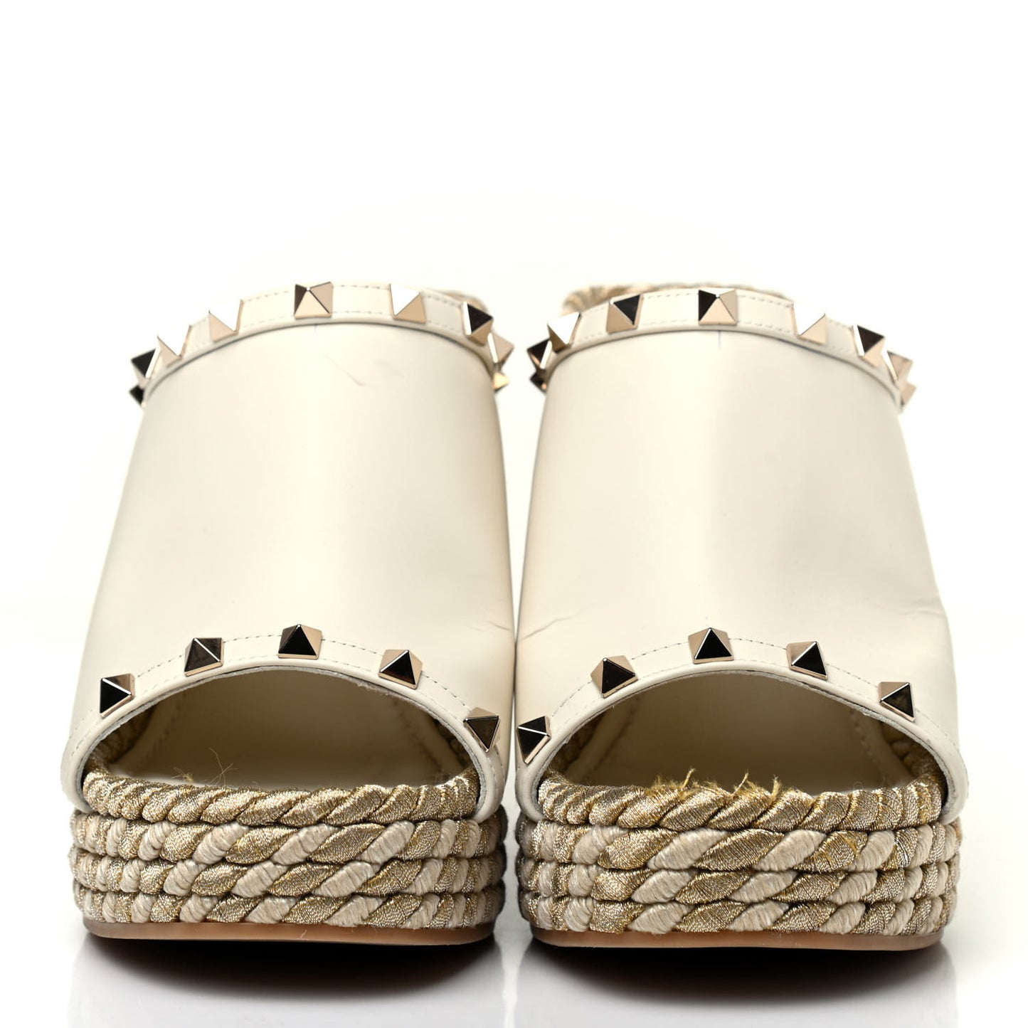 Calfskin Silk Rockstud Torchon Espadrille Wedge 25/115mm Slide Sandals 38 Light Ivory
