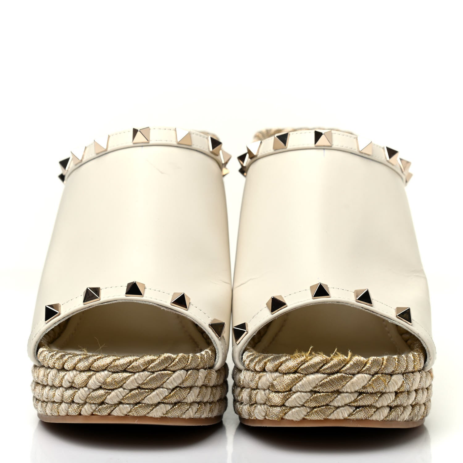 Valentino Garavani Calfskin Silk Rockstud Torchon Espadrille Wedge 25/115mm Slide Sandals 38 Light Ivory 2 of 6