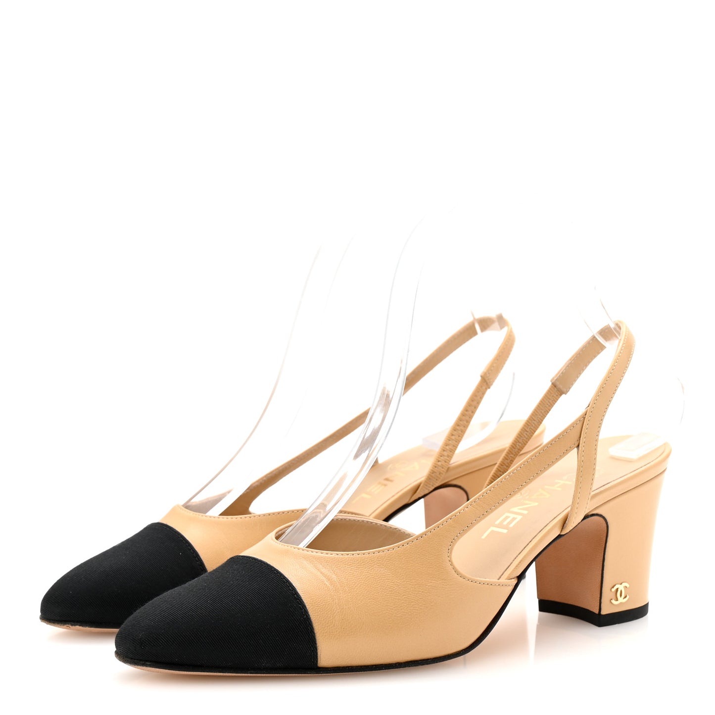 Goatskin Grosgrain Cap Toe CC Slingback Pumps 37.5 Beige Black
