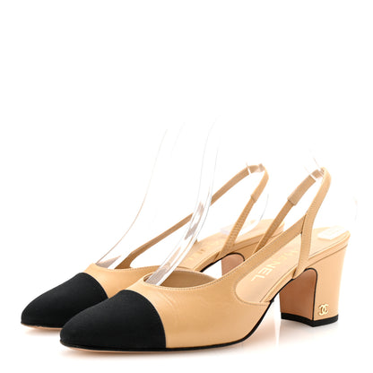 Chanel Goatskin Grosgrain Cap Toe CC Slingback Pumps 37.5 Beige Black 4 of 9