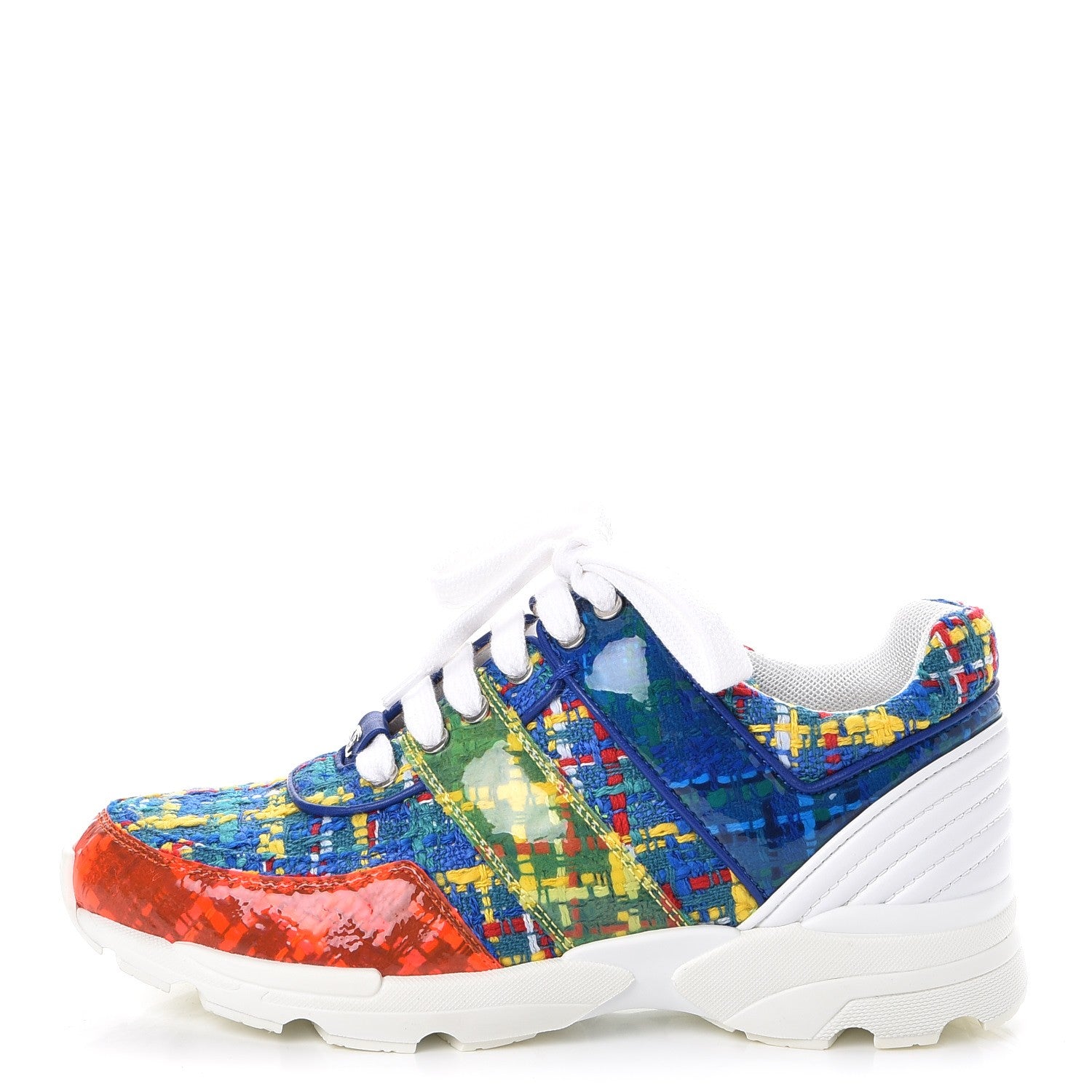 Chanel Tweed Calfskin Tennis Sneakers 35 Red Yellow Blue 1 of 9