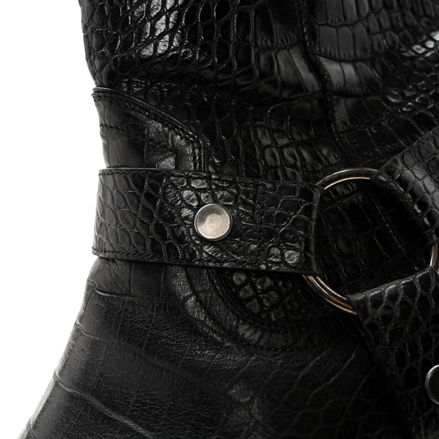Calfskin Crocodile Embossed Mens Wyatt Harness Boots 44 Black