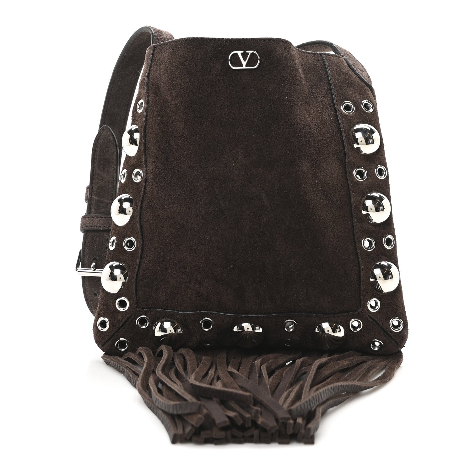 Valentino Garavani Suede Studded Nellcote Fringe Shoulder Bag Brown 1 of 9