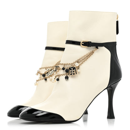 Chanel Lambskin Patent Calfskin Charms Ankle Boots 40 Ivory Black 3 of 8
