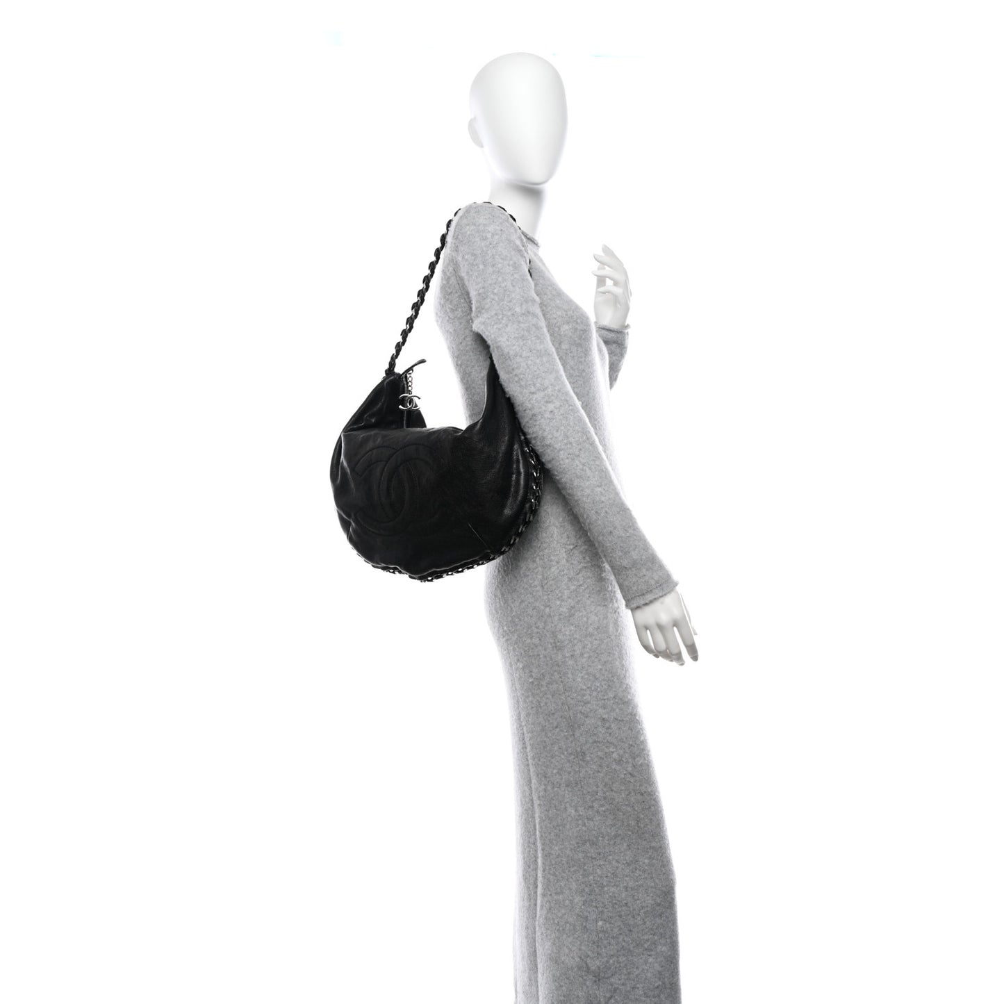 Glazed Caviar Modern Chain Hobo Black