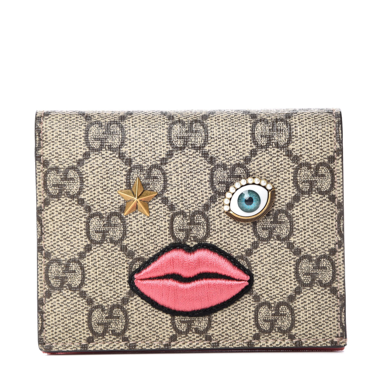 Gucci GG Supreme Monogram Face Embroidered Card Case Wallet Pink 1 of 9