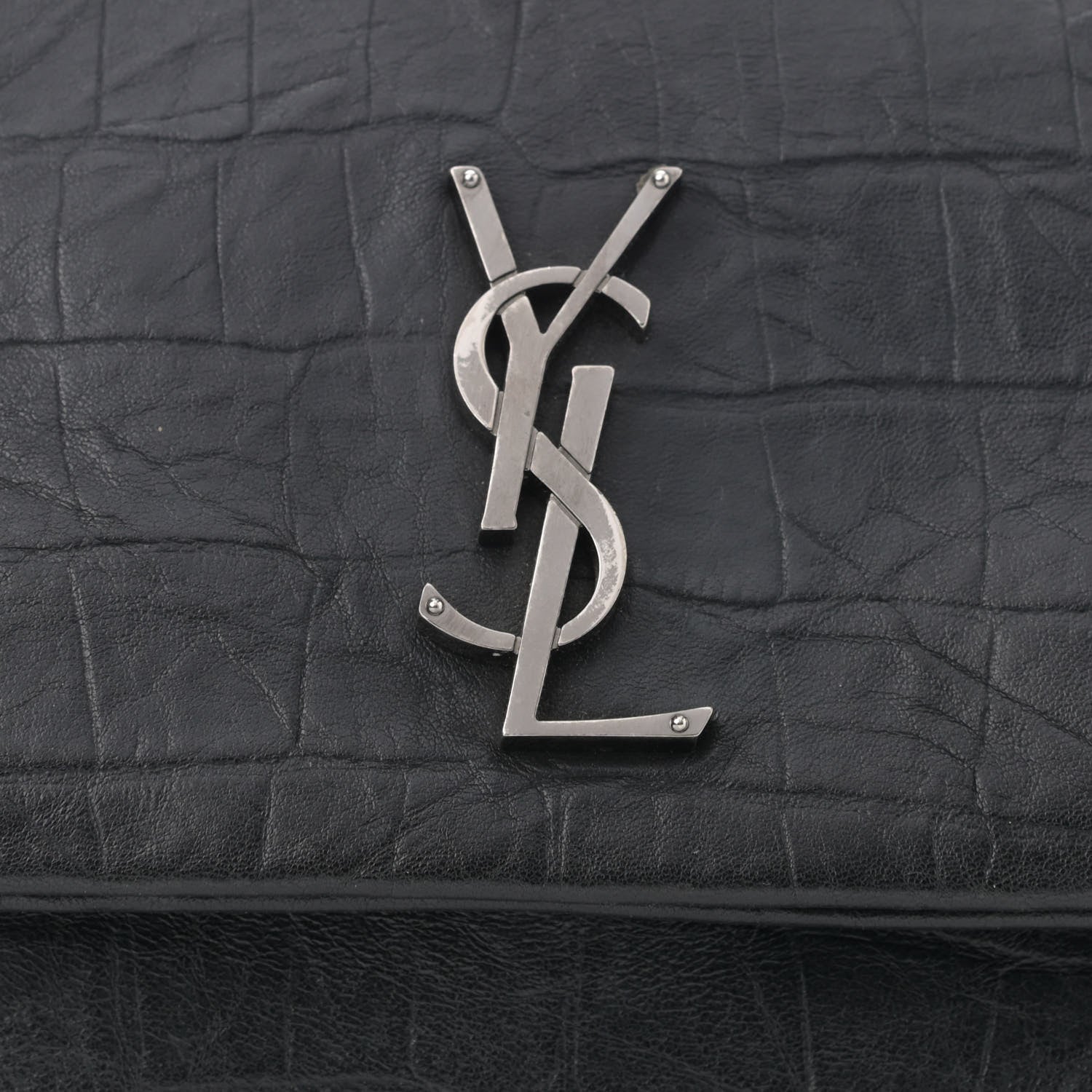 Saint Laurent Calfskin Crocodile Embossed Medium West Hollywood Monogram Fold-Over Black 8 of 10