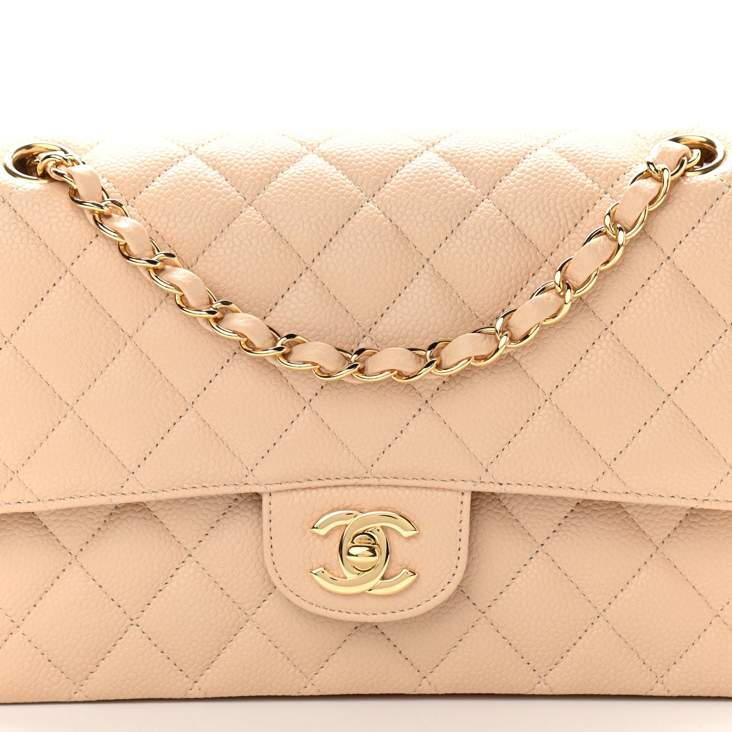 Caviar Quilted Medium Double Flap Beige