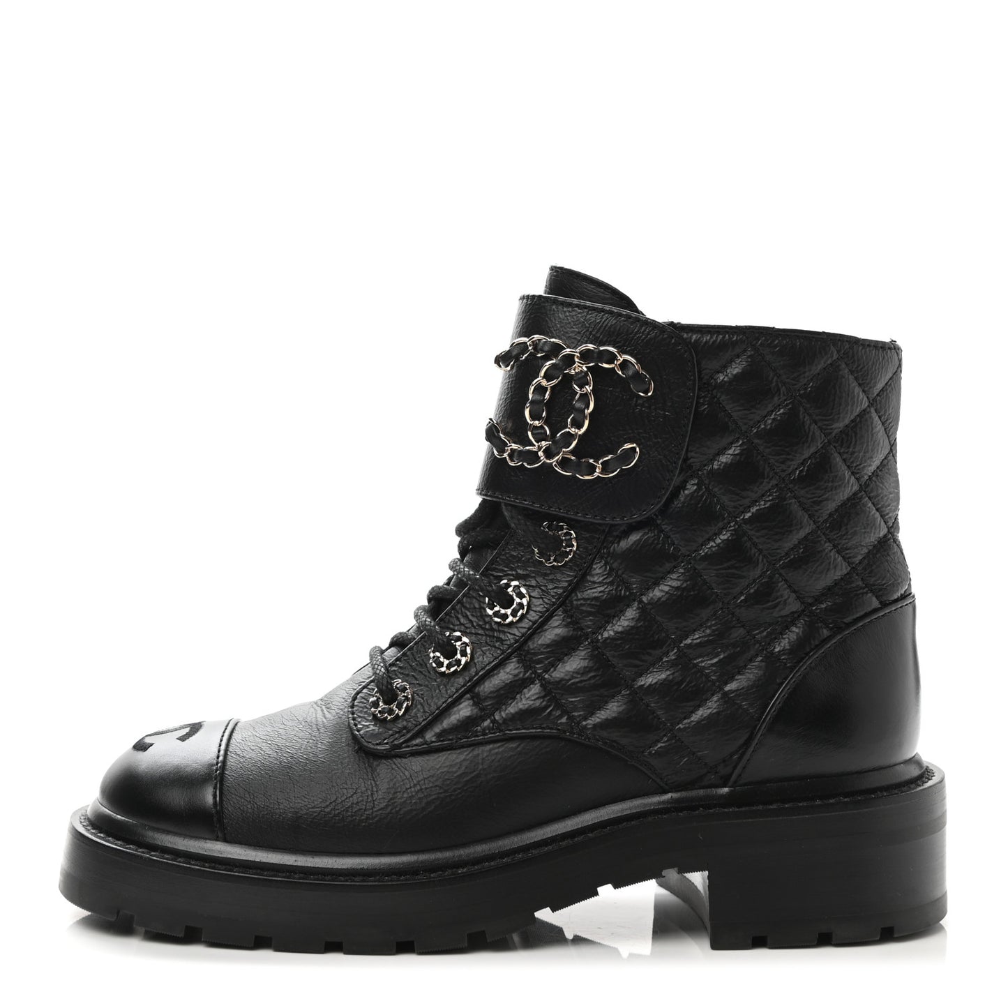 Shiny Goatskin Calfskin Quilted Lace Up Combat Boots 36 Black