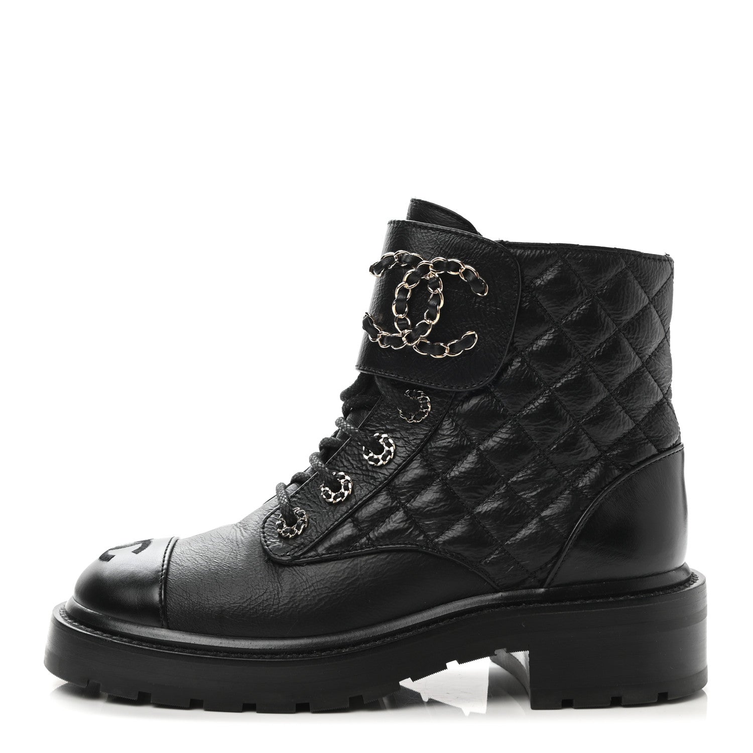 Chanel Shiny Goatskin Calfskin Quilted Lace Up Combat Boots 36 Black 1 of 10