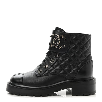 Chanel Shiny Goatskin Calfskin Quilted Lace Up Combat Boots 36 Black 1 of 10