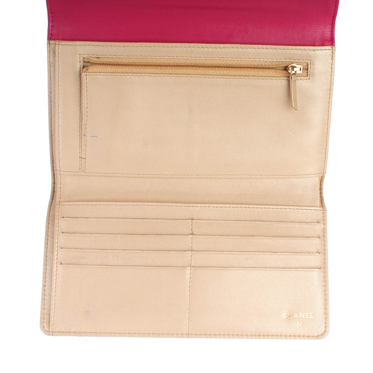 Lambskin Embossed Camellia Large Gusset Flap Wallet Pink