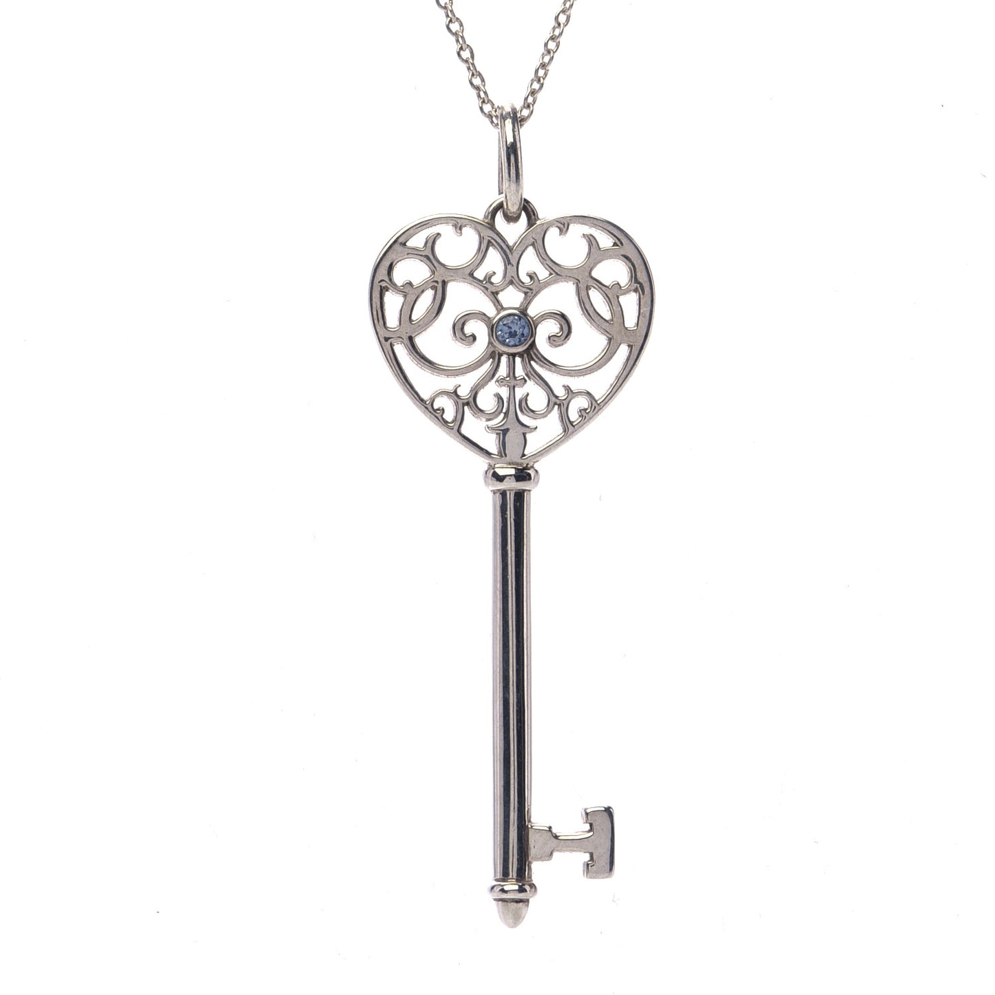 Sterling Silver Blue Sapphire Enchant Heart Key Pendant Necklace