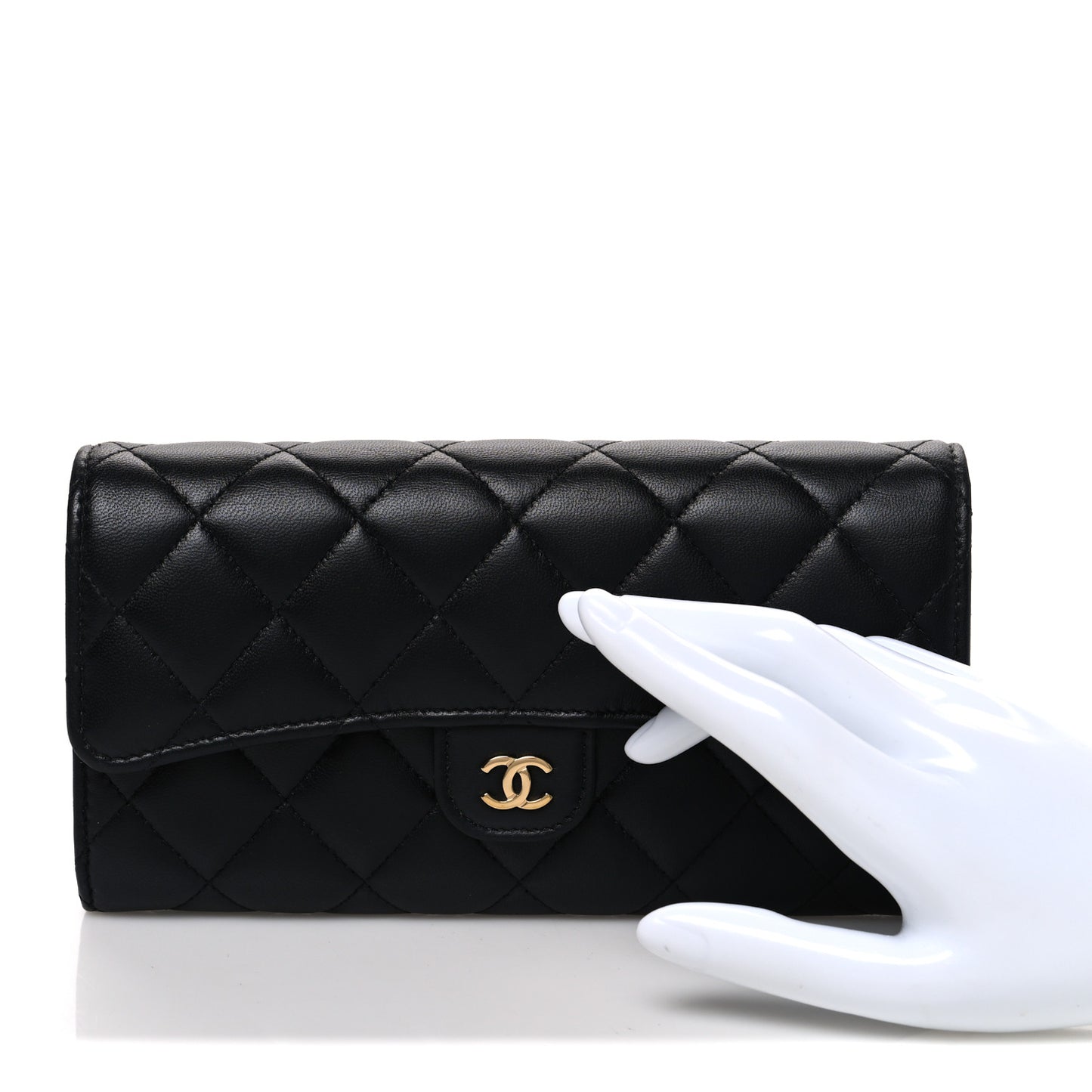 Lambskin Quilted Large Gusset Flap Wallet Black