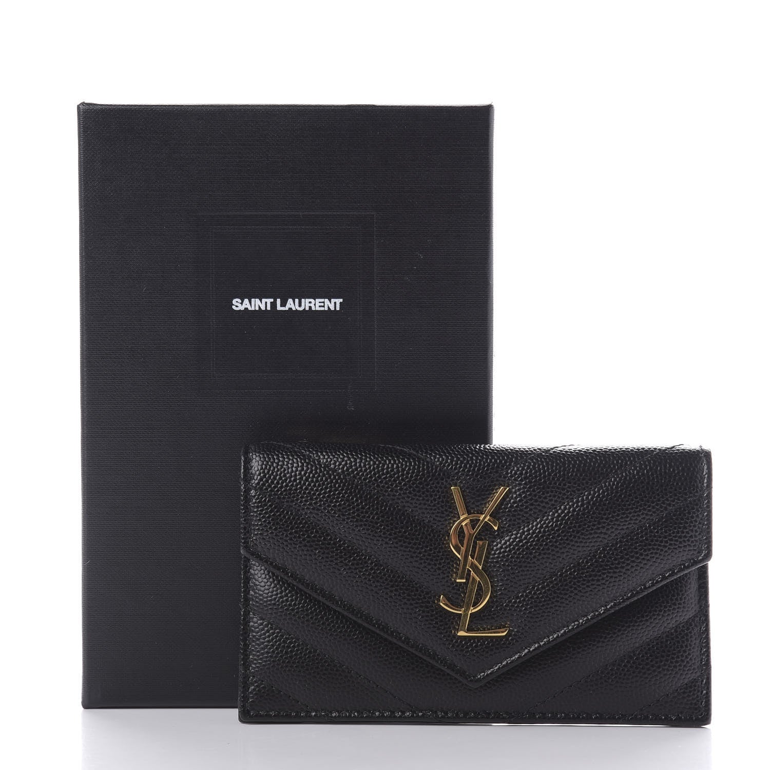 Saint Laurent Grain De Poudre Matelasse Chevron Monogram Compact Wallet Black 7 of 7