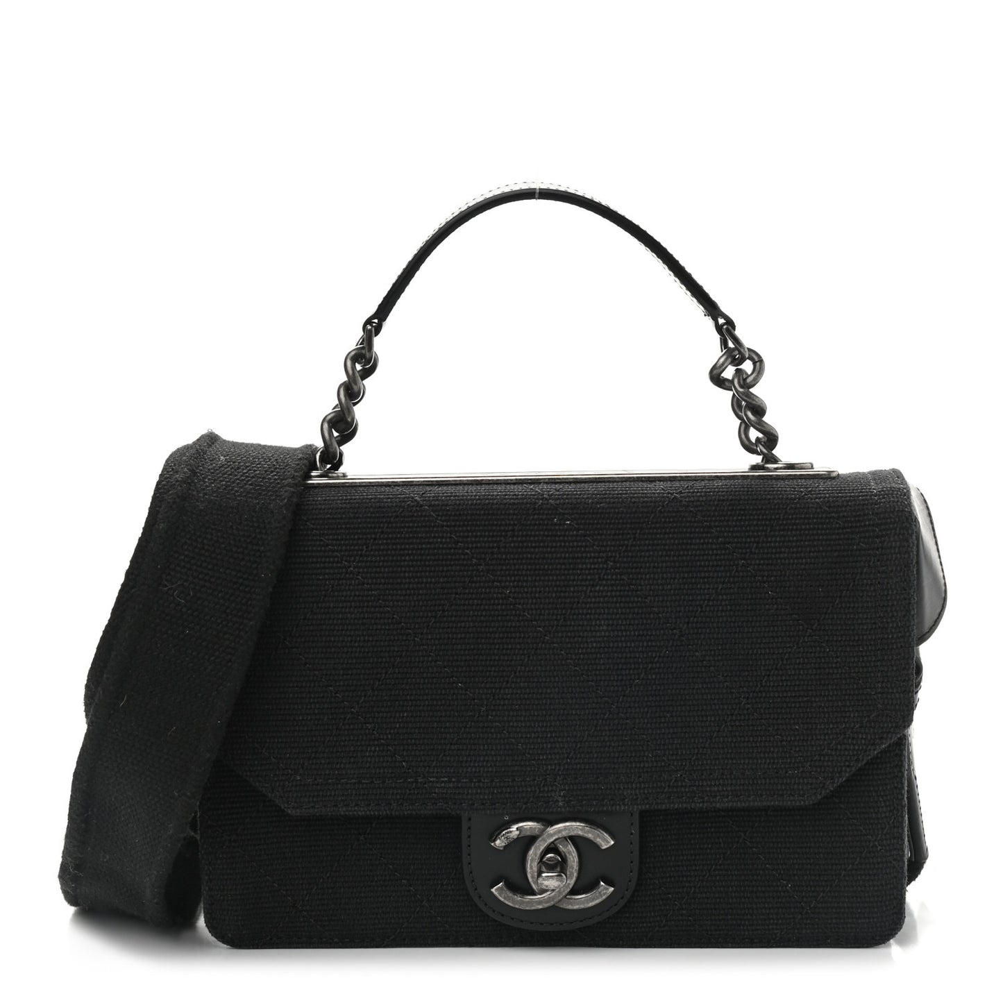 Canvas Calfskin Quilted 2-Way Flap Black
