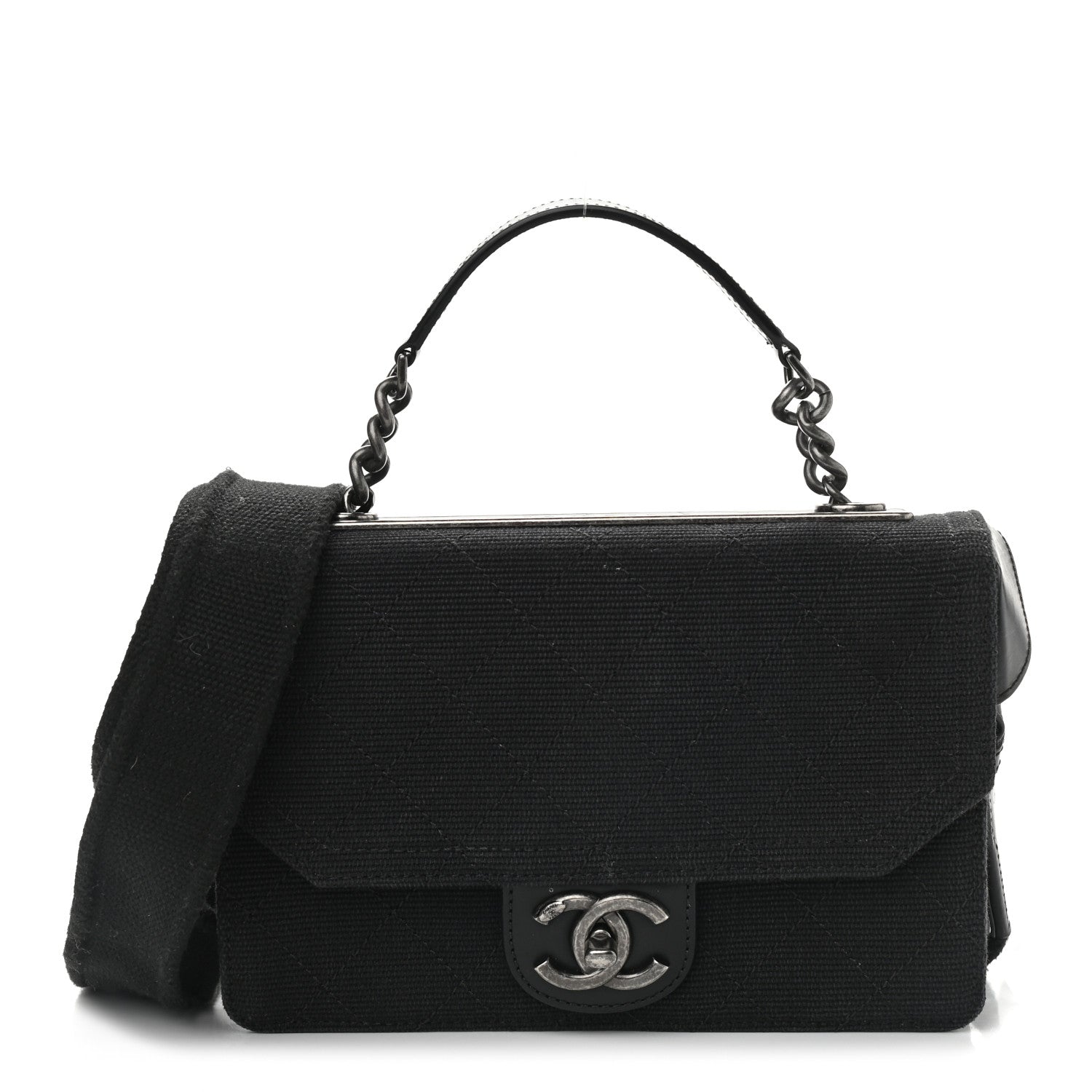 Chanel Canvas Calfskin Quilted 2-Way Flap Black 1 of 11