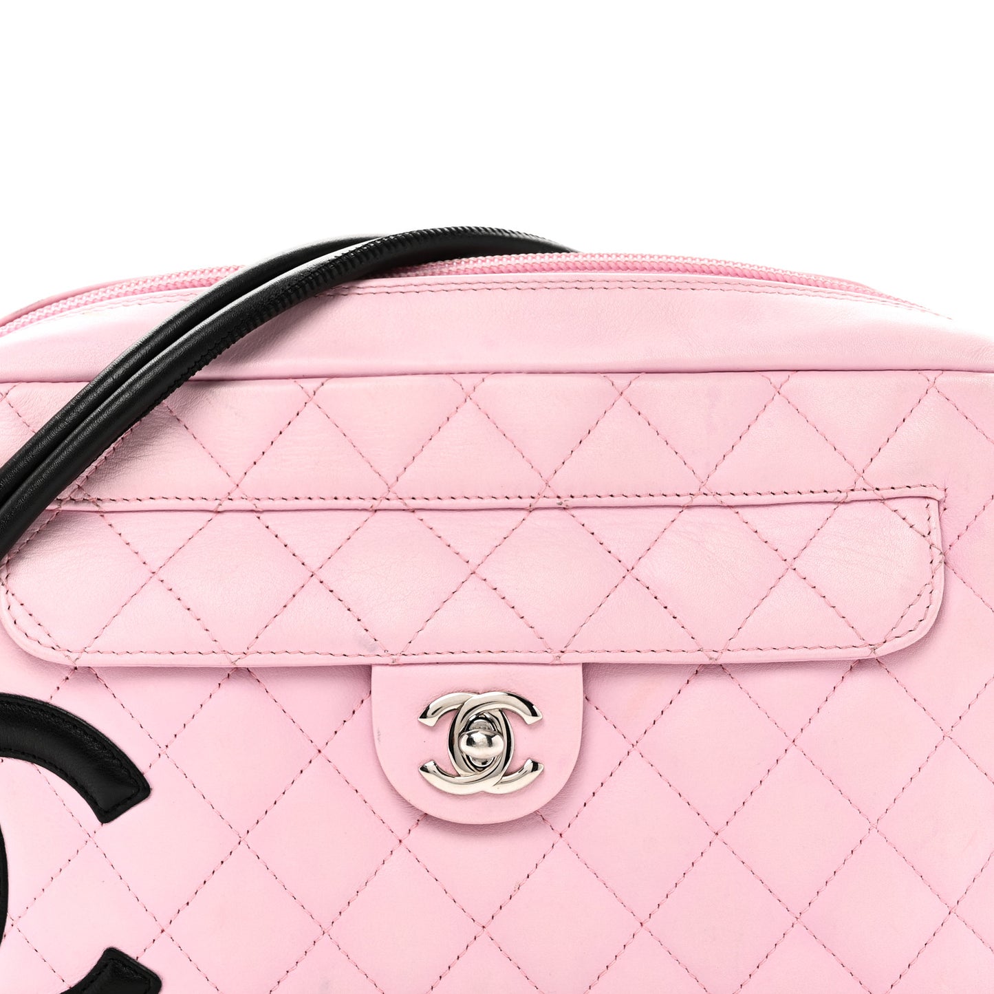 Calfskin Quilted Cambon Camera Case Pink Black