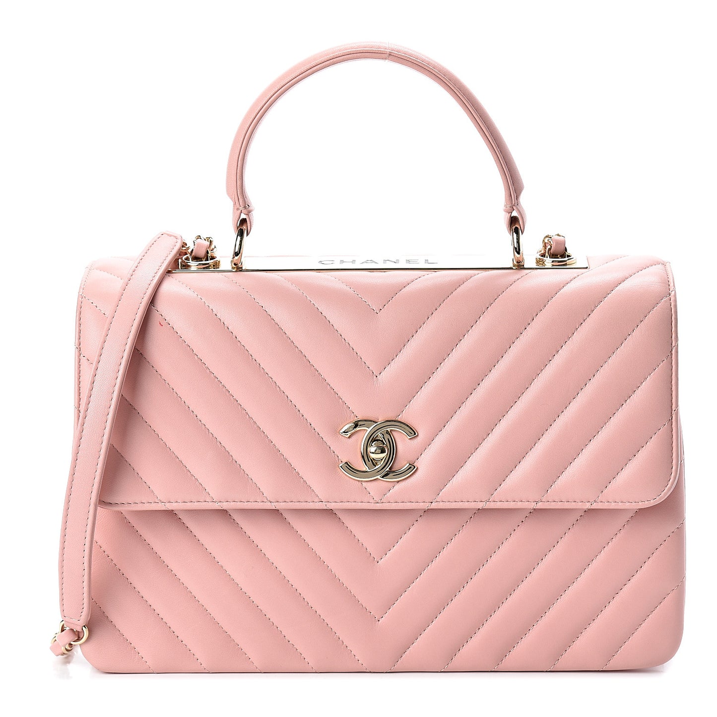 Lambskin Chevron Quilted Medium Trendy CC Dual Handle Flap Bag Pink