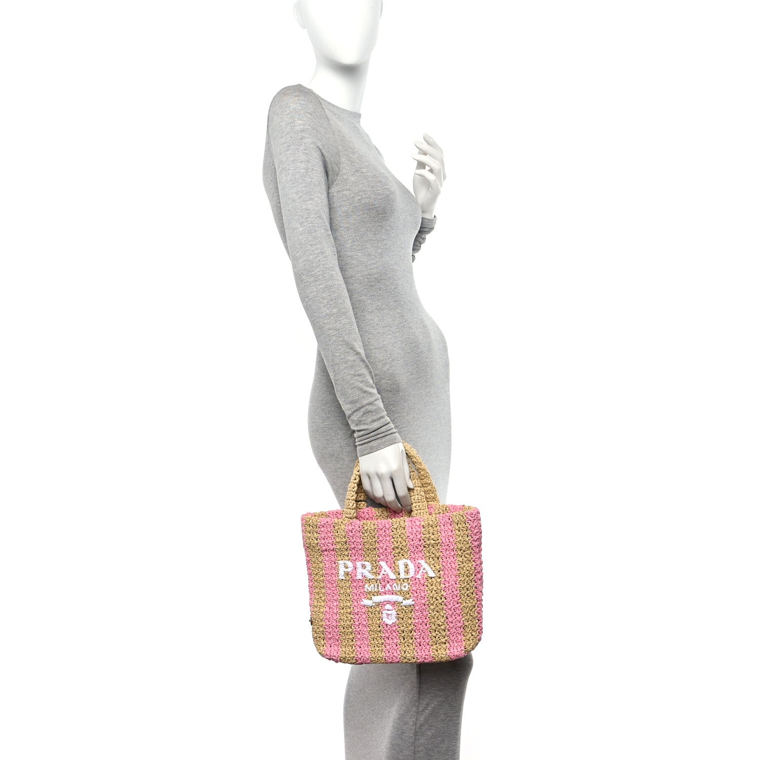 Prada Yarn Raffia Effect Crochet Striped Small Logo Tote Naturale Petalo 2 of 10